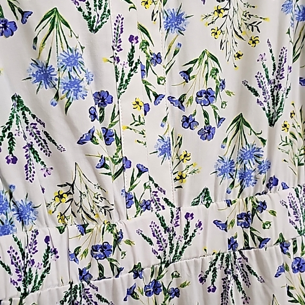 Nwot LOFT  White /Blue/Lavender Floral Puffed Sleeve Back Cutout Tier Midi Dress - Picture 8 of 16